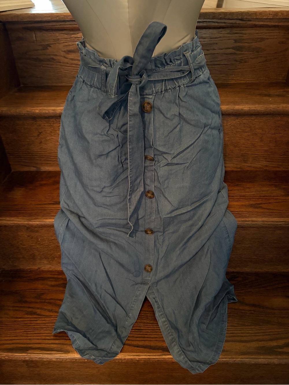 Love Tree Denim Blue Maxi Skirt with Front Buttons and Tie Waist